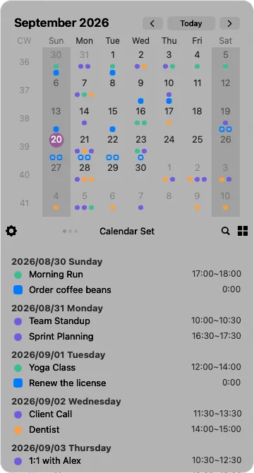The Calendar Set screen: a month grid with coloured dots above a list of upcoming events