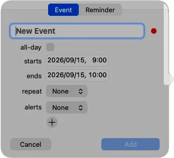 The new event form, with title, start, end, repeat and alert fields