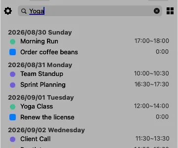 The search field with results grouped into upcoming and past