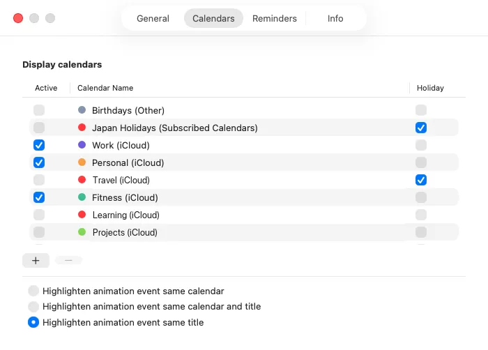 Calendars tab