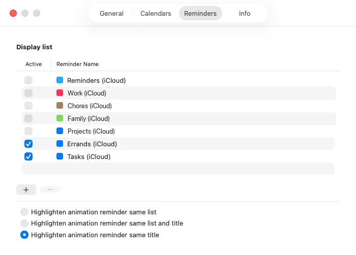 Reminders tab